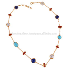 Arizona Turquoise Lapis Coral Stick & Pearl Multi Shapes Gemstone with Sterling Silver Necklace